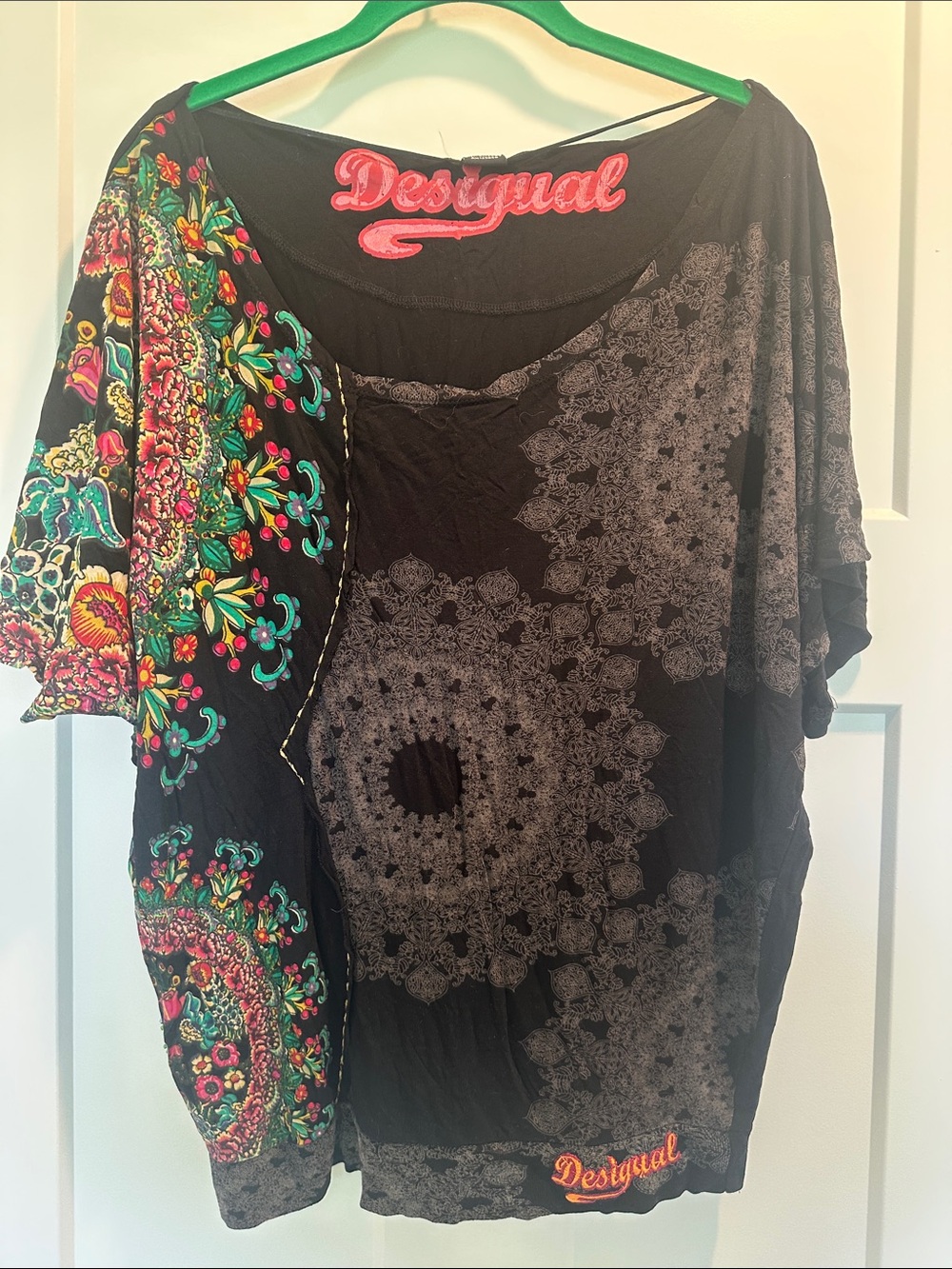 Desigual Black Tunic with Vibrant Floral Patchwork Sleeve